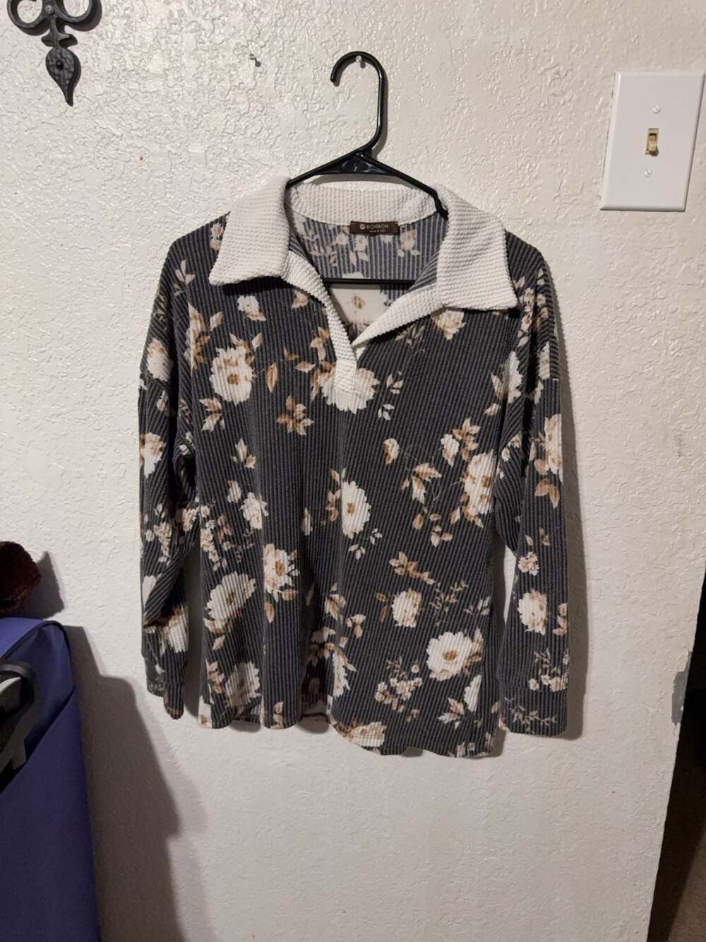 BOMBOM Floral Ribbed Long Sleeve Polo Shirt